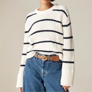 J. Crew Heritage Cotton Fisherman Crewneck Sweater Stripe White Navy Blue Medium